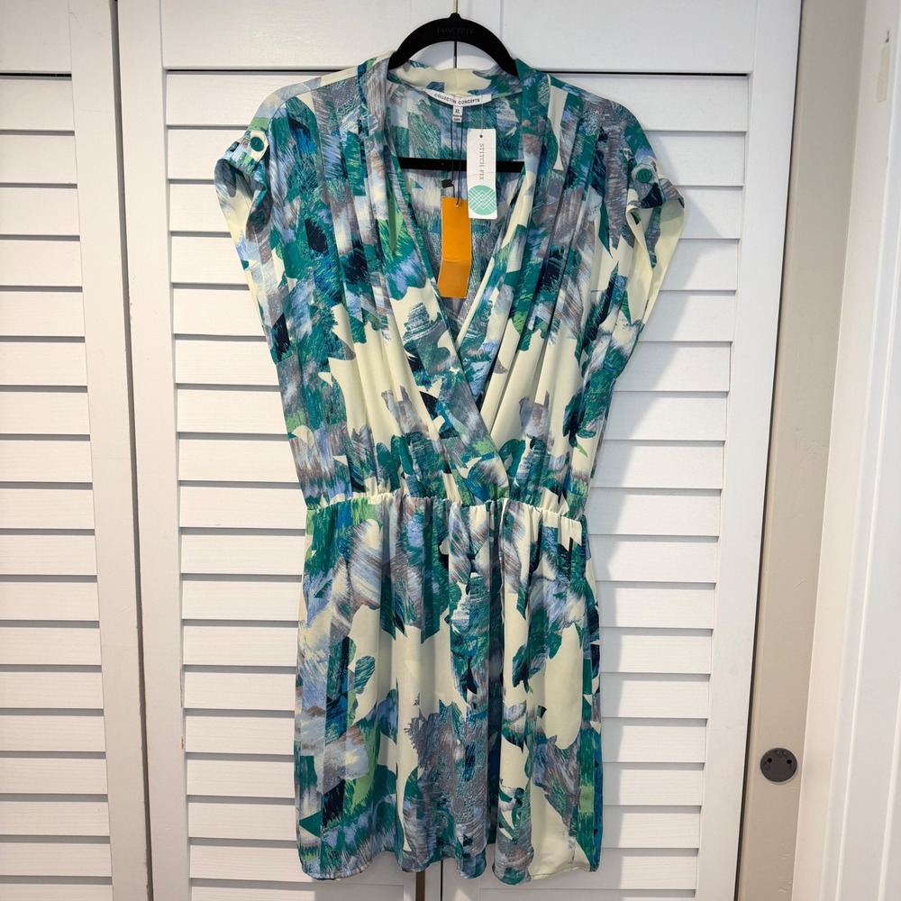 Collective Concepts Arien Faux Wrap Dress XL Teal Blue Abstract‎ Flattering NEW